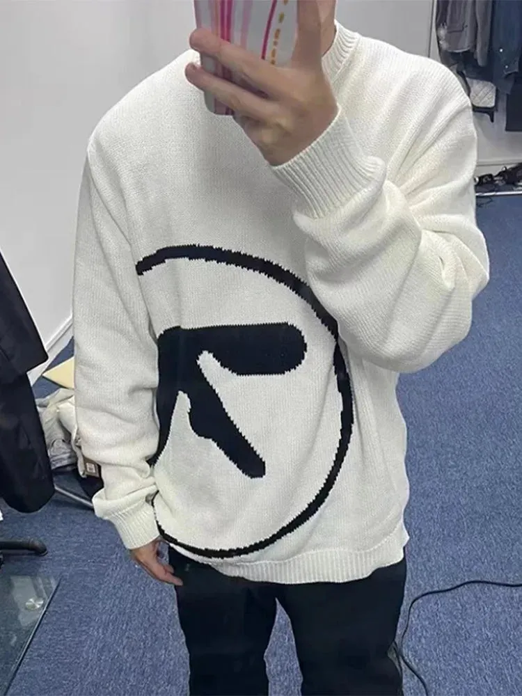 Back To School Sonicelife 2024 Fall Fashion  Vintage Knitted Oversized Sweater Men's O Neck Long Sleeve Street Loose Pullover Jumper 2024 Autumn Warm Artistic Print Knitwear