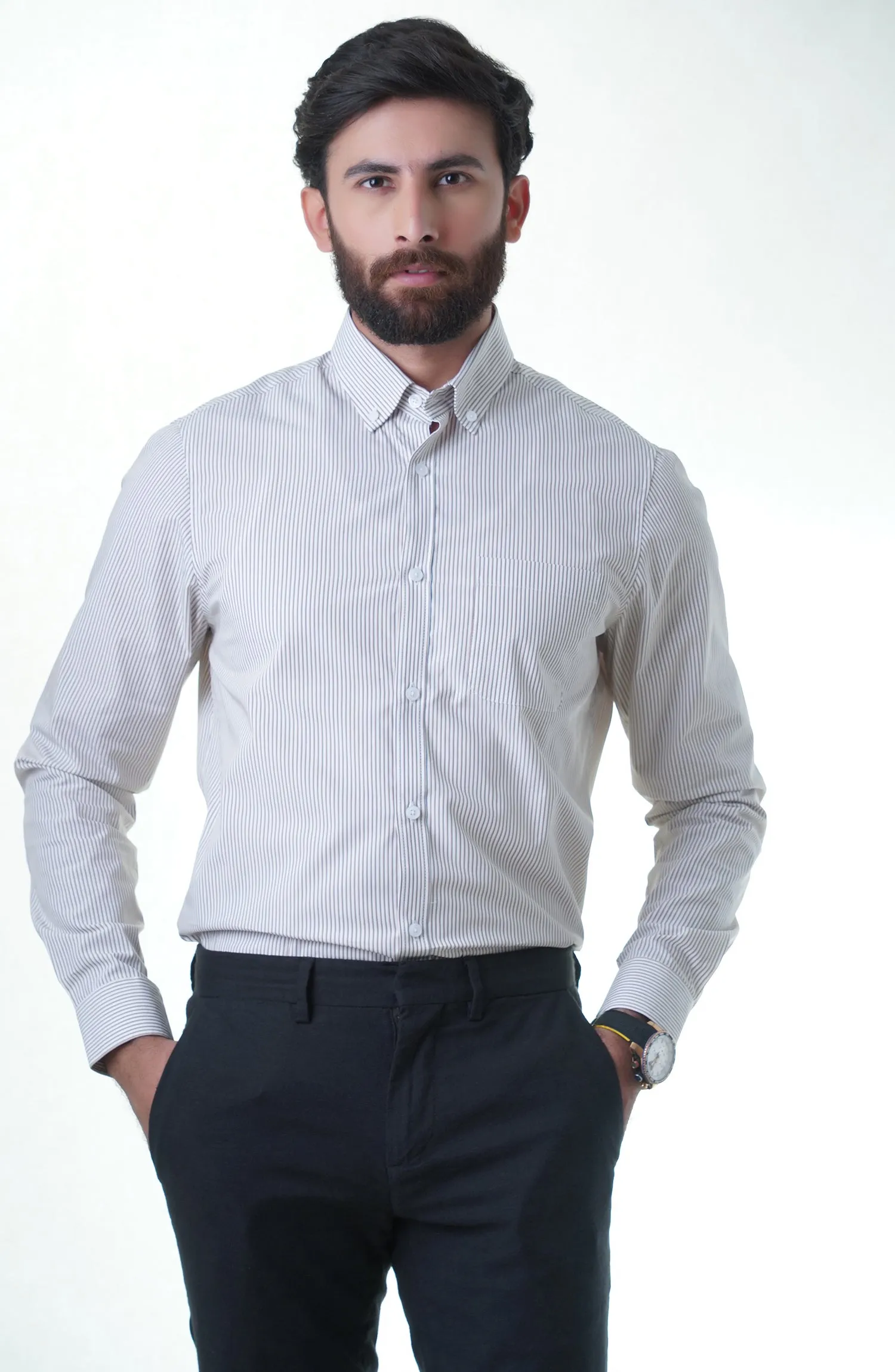 Brown/White Full Sleeves Cotton Shirt