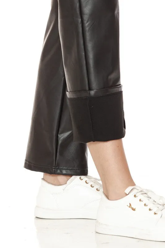 Fleece Faux Leather Cargo Pants