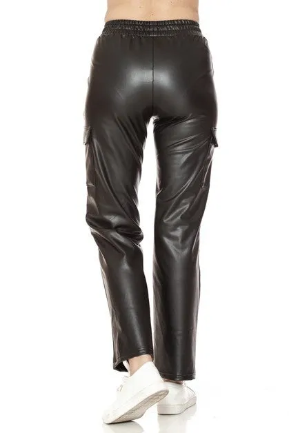 Fleece Faux Leather Cargo Pants