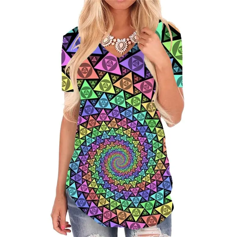 Geometric T Shirt Women Psychedelic V-neck Tshirt Vortex T-shirts 3d Triangle Funny T shirts