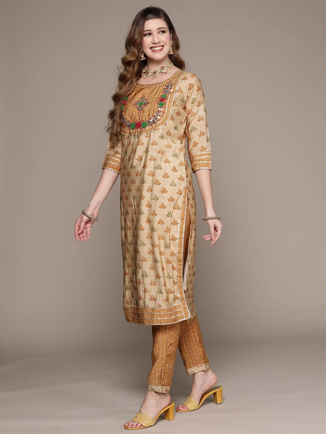 Ishin Women's Mustard Yoke Design A-Line Kurta with Trouser & Dupatta