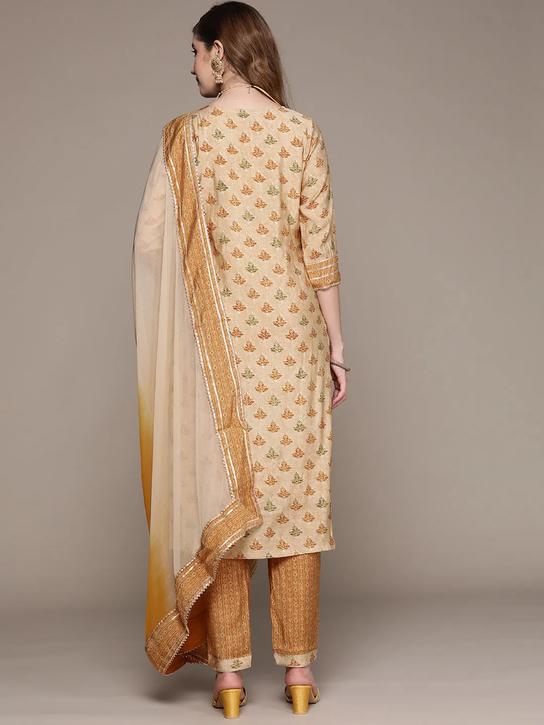 Ishin Women's Mustard Yoke Design A-Line Kurta with Trouser & Dupatta