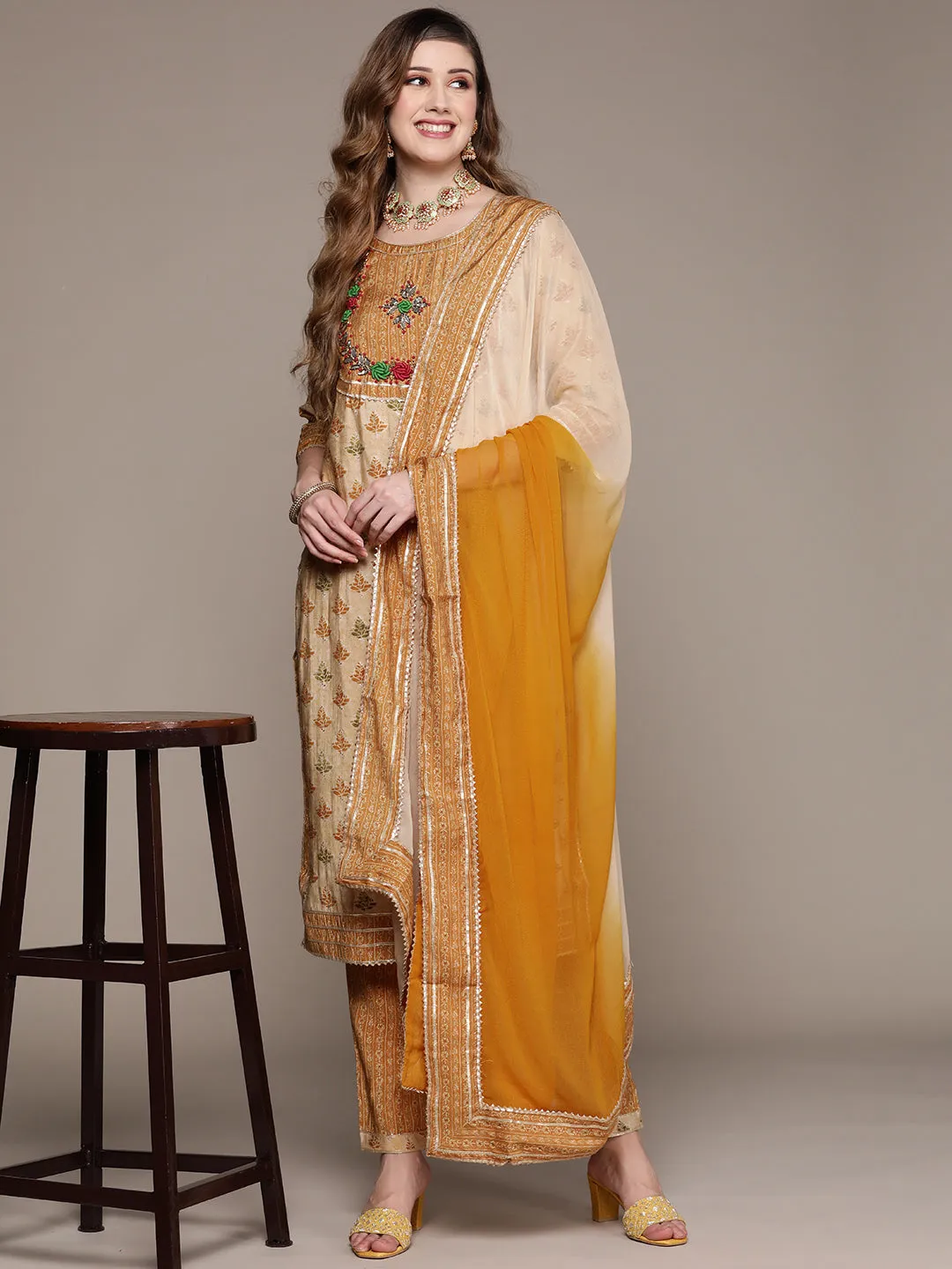 Ishin Women's Mustard Yoke Design A-Line Kurta with Trouser & Dupatta