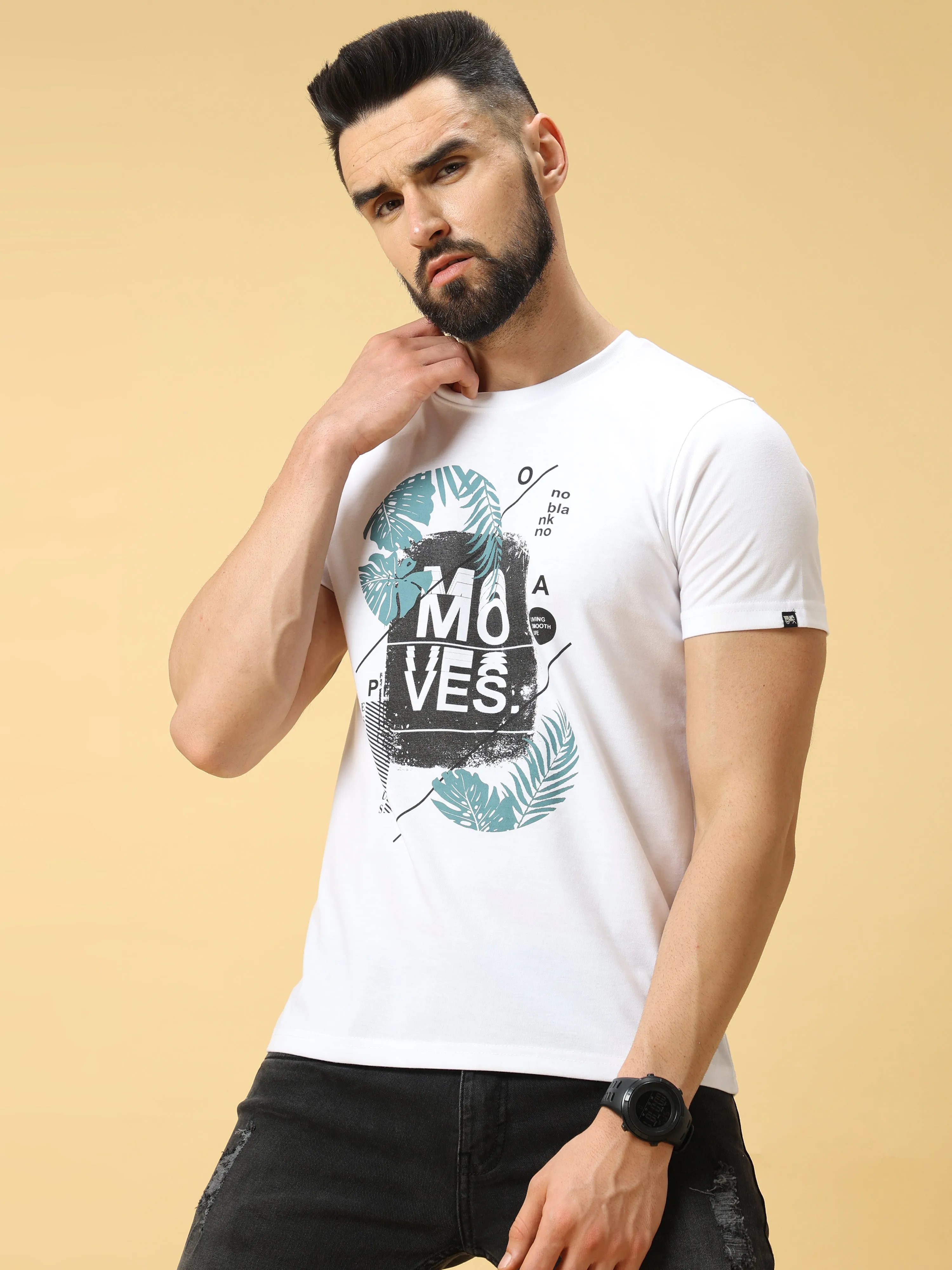 Moves Chest Print Black/Blue Crew Neck T-Shirt