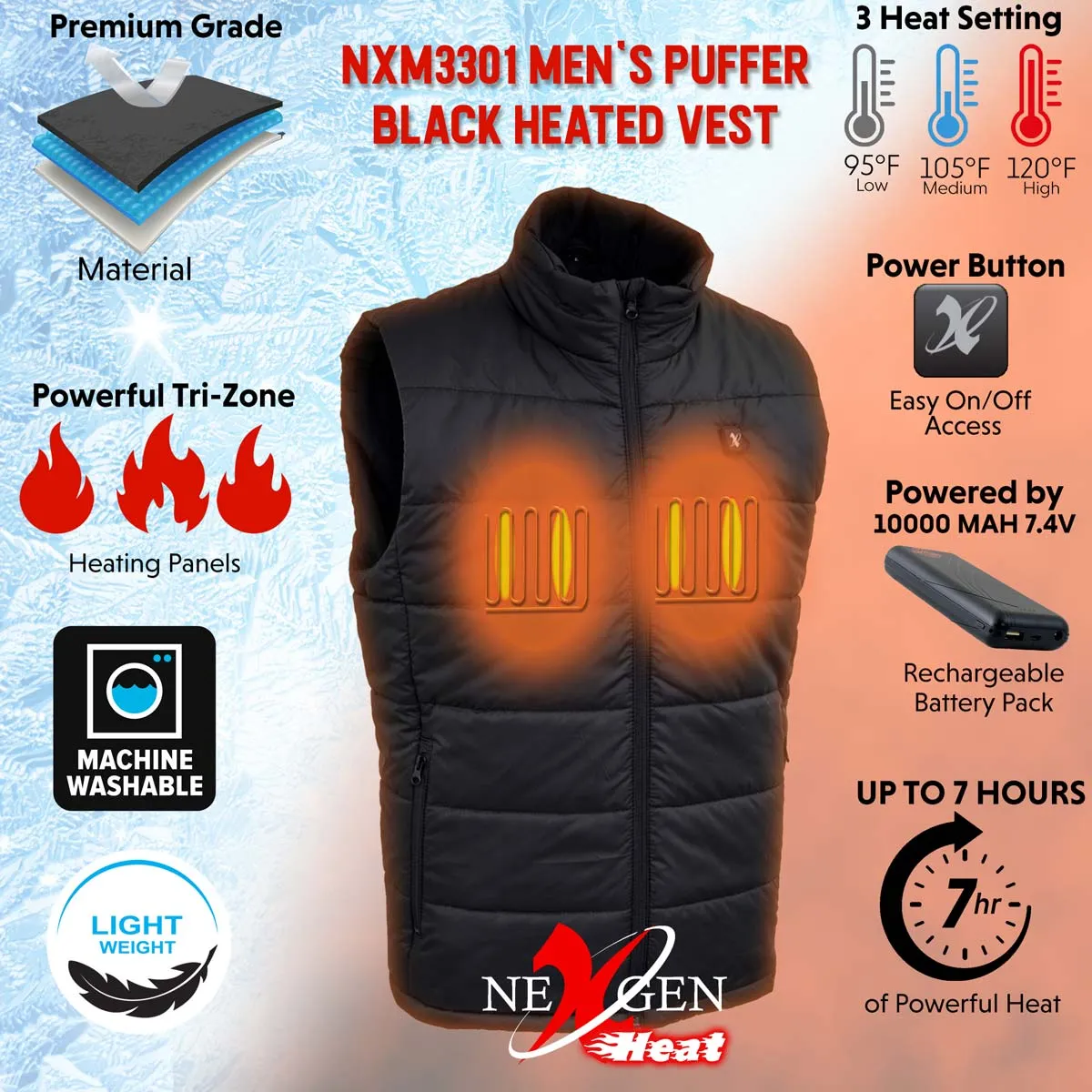 Nexgen Heat Men's NXM3301SET Puffer Black Heated Vest, Heated Winter Vest for Outdoor Activities w/ Battery