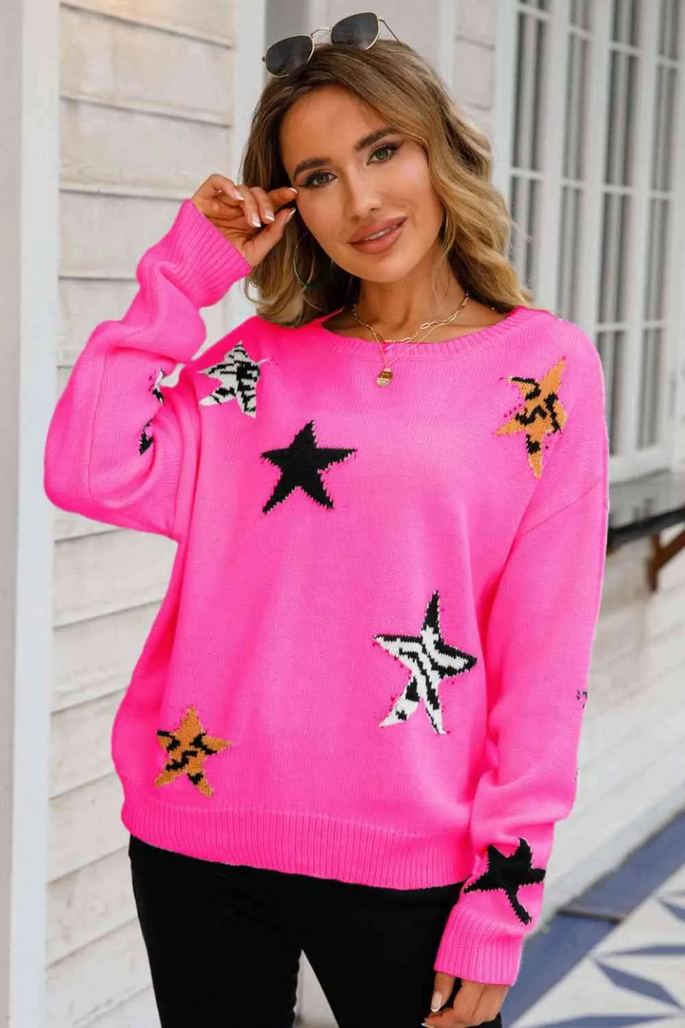 Star Pattern Round Neck Dropped Shoulder Sweater