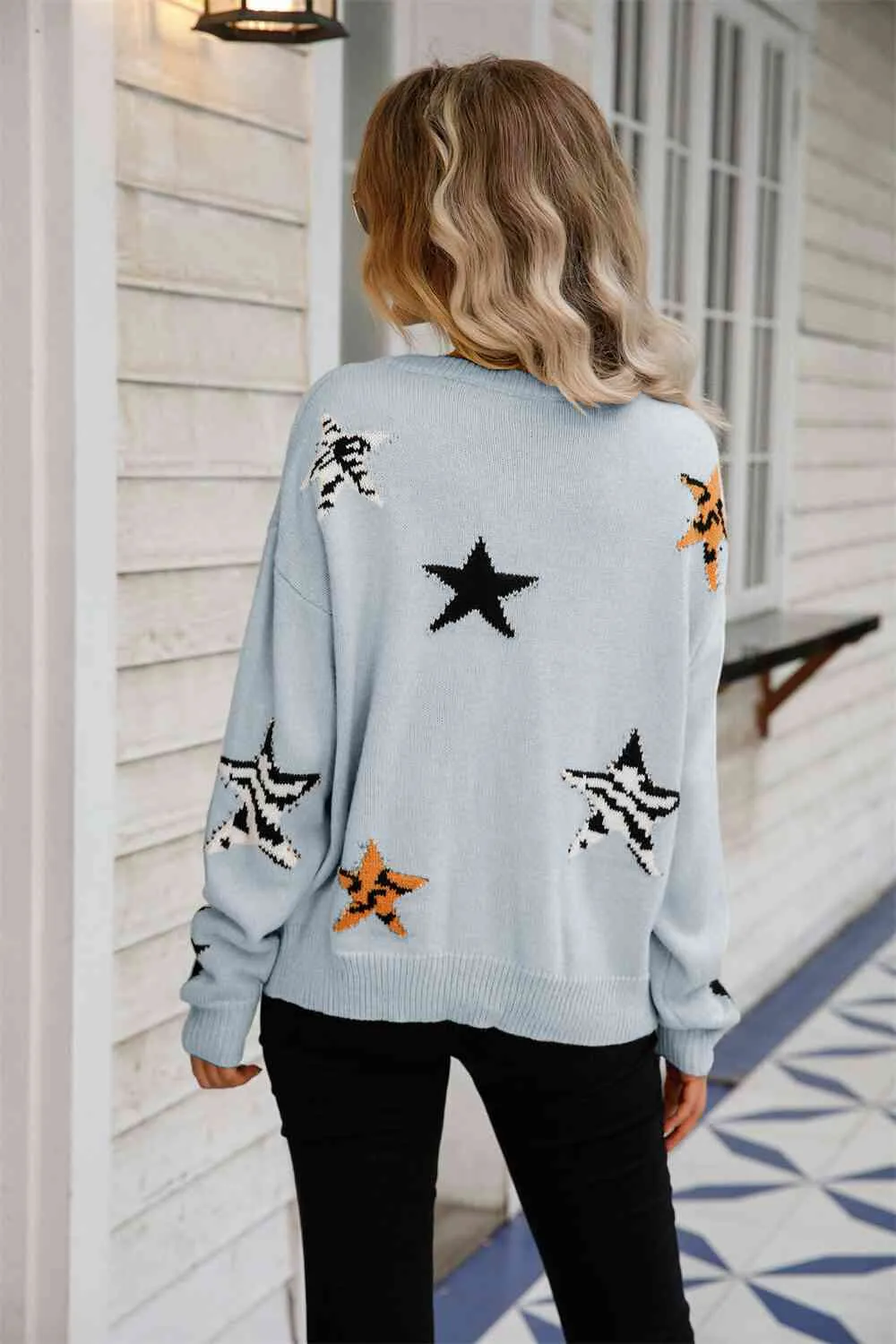 Star Pattern Round Neck Dropped Shoulder Sweater