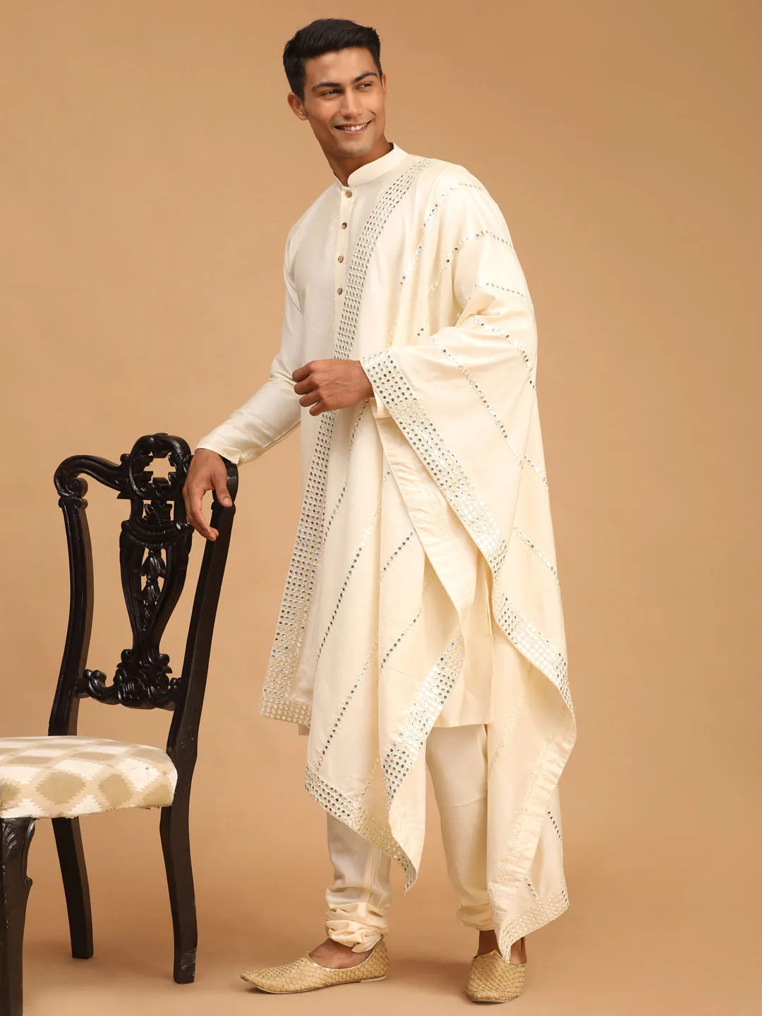 VASTRAMAY Cream Viscose Kurta Pyjama Set