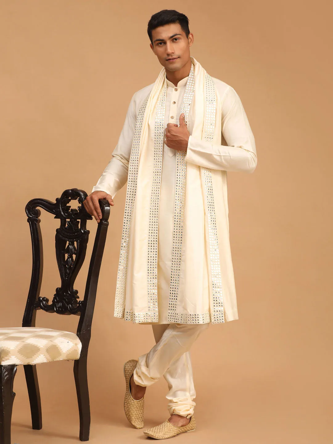 VASTRAMAY Cream Viscose Kurta Pyjama Set