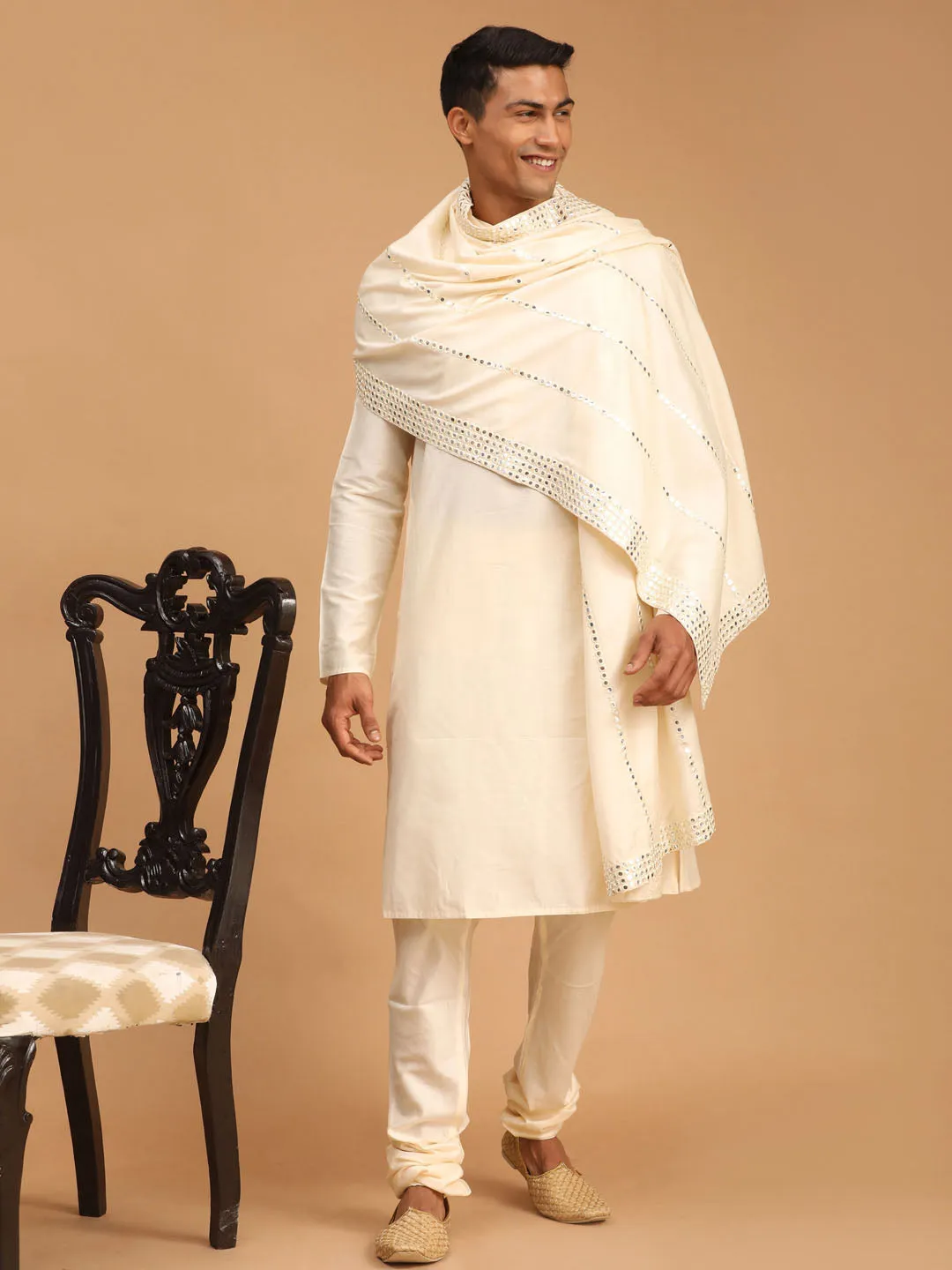 VASTRAMAY Cream Viscose Kurta Pyjama Set