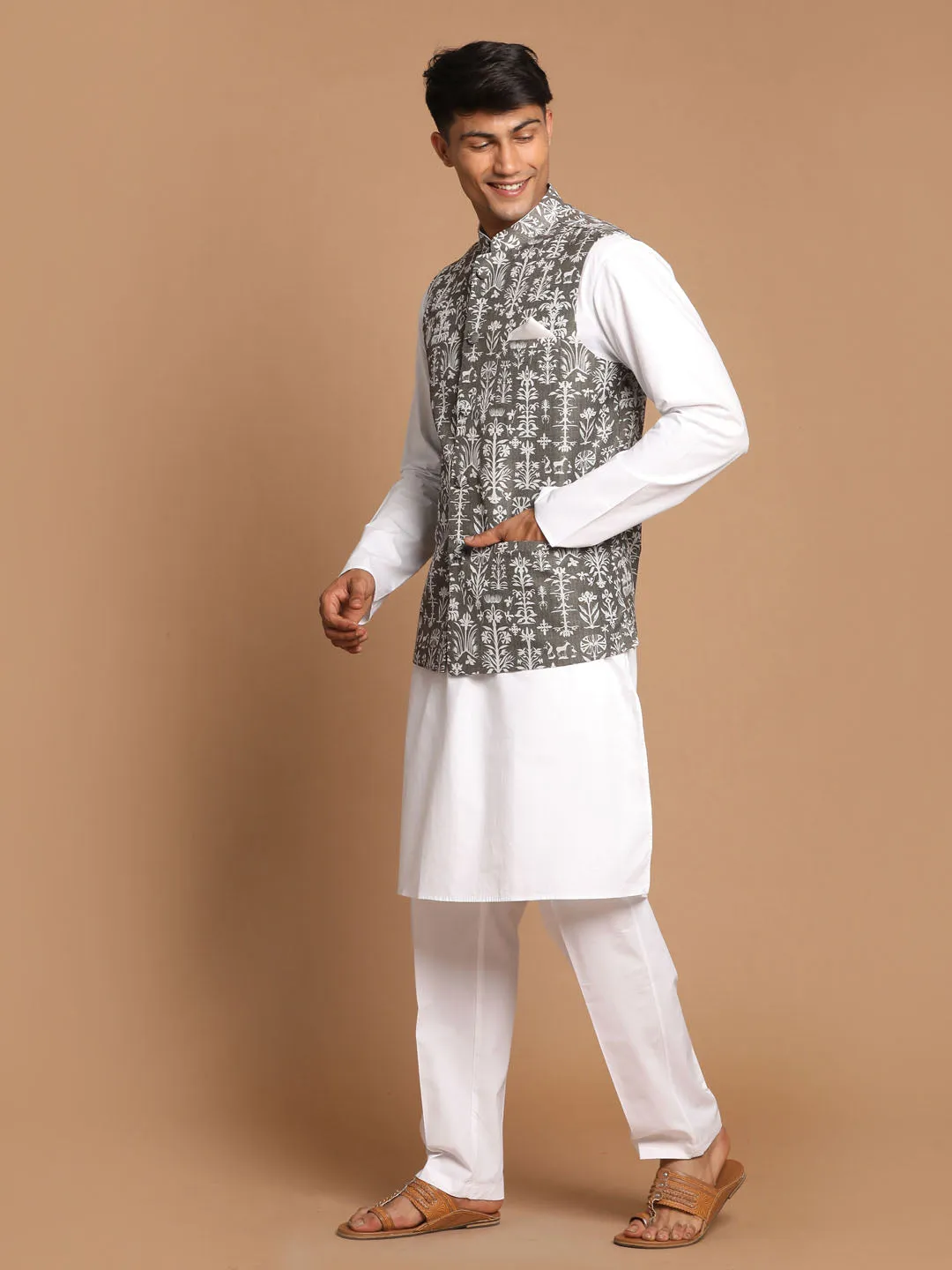 VASTRAMAY Men's Mehendi Green Nehru Jacket Set