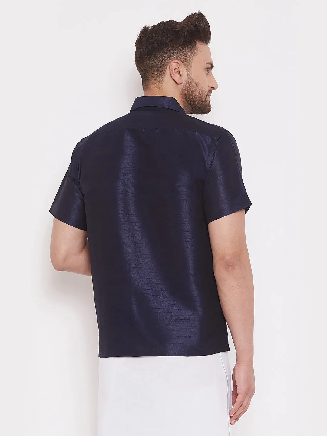 VASTRAMAY Men's Navy Blue Silk Shirt