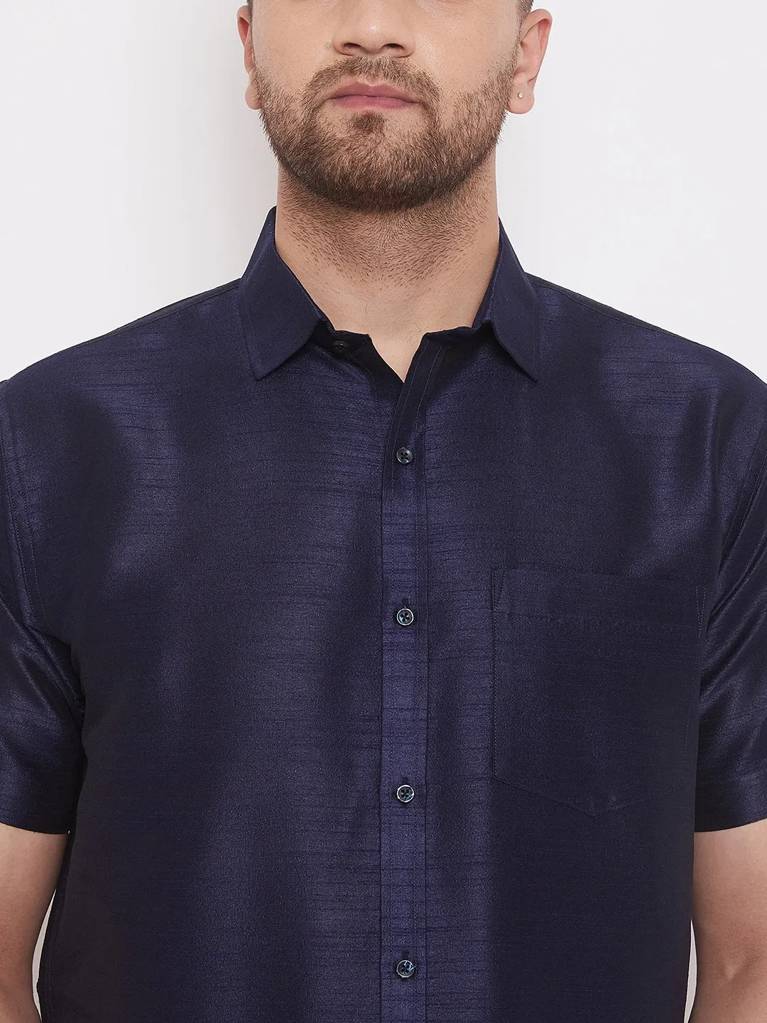 VASTRAMAY Men's Navy Blue Silk Shirt