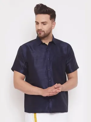 VASTRAMAY Men's Navy Blue Silk Shirt