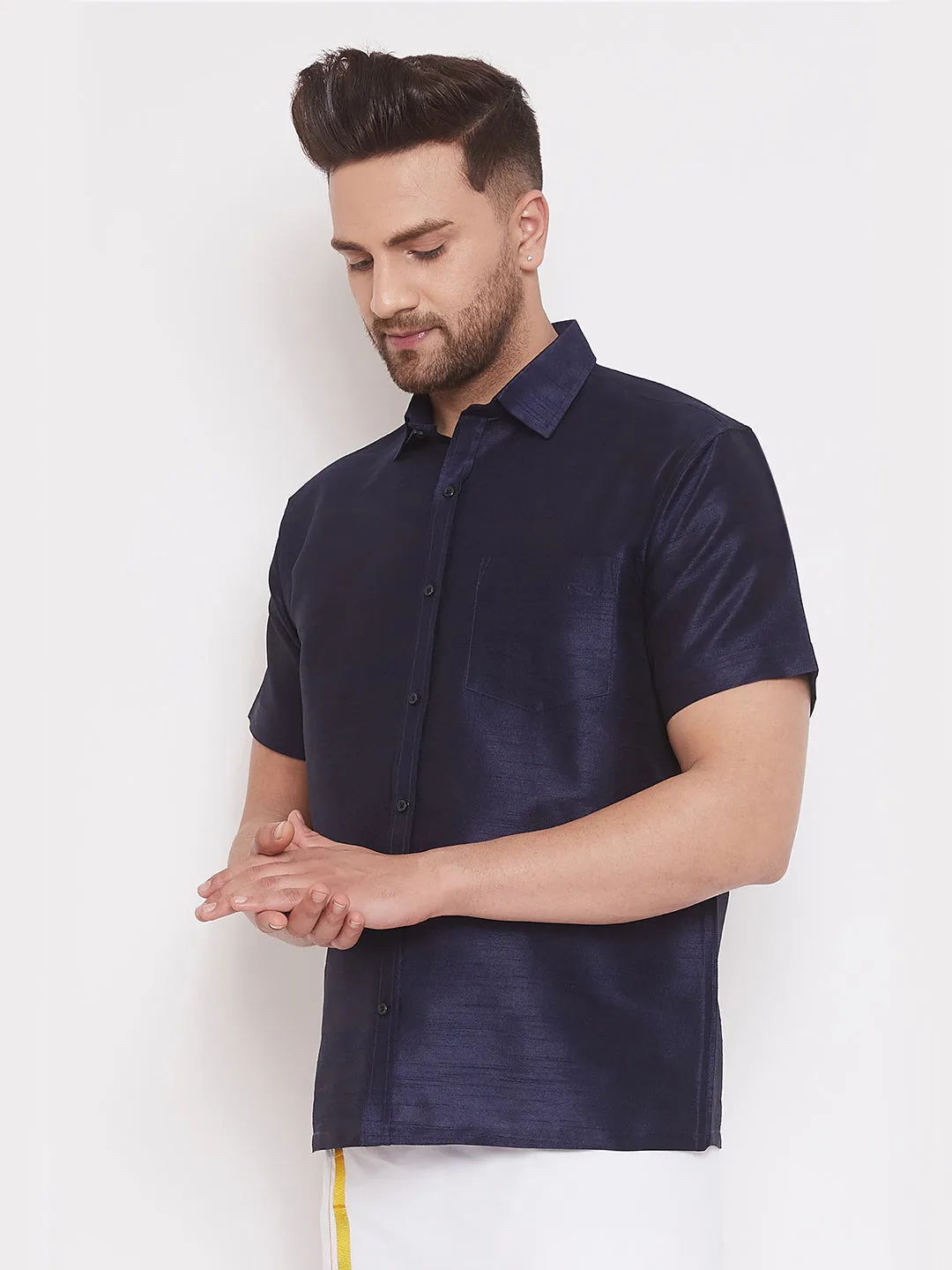 VASTRAMAY Men's Navy Blue Silk Shirt